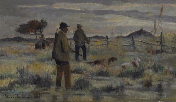 Ghigo Tommasi : Cacciatori  (1954)  - Olio su tavola - Asta Autori dell'800-900, Arte Moderna e Contemporanea, Grafica ed Edizioni - Galleria Pananti Casa d'Aste