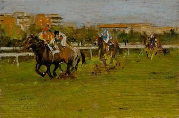 Piero Vaccari : Corse di cavalli  - Olio su tavola - Auction Autori dell'800-900, Arte Moderna e Contemporanea, Grafica ed Edizioni - Galleria Pananti Casa d'Aste