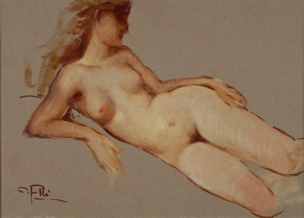 Cafiero Filippelli : Nudo  - Olio su carta riportata su tela - Auction Autori dell'800-900, Arte Moderna e Contemporanea, Grafica ed Edizioni - Galleria Pananti Casa d'Aste