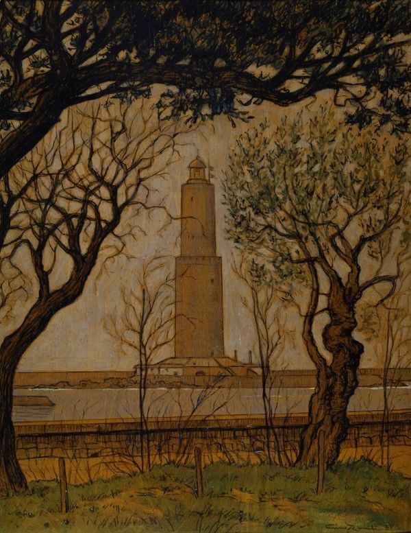 Gino Romiti : Faro di Livorno  (1938)  - tecnica mista su compensato - Auction Autori dell'800-900, Arte Moderna e Contemporanea, Grafica ed Edizioni - Galleria Pananti Casa d'Aste