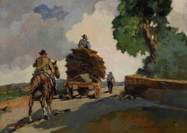 Carlo Domenici : Il carro della legna  - Olio su tavola - Auction Autori dell'800-900, Arte Moderna e Contemporanea, Grafica ed Edizioni - Galleria Pananti Casa d'Aste