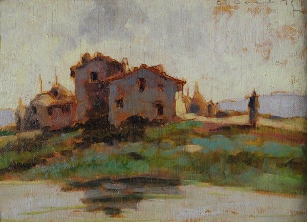 Carlo Domenici : Casale  - Olio su compensato - Auction Autori dell'800-900, Arte Moderna e Contemporanea, Grafica ed Edizioni - Galleria Pananti Casa d'Aste
