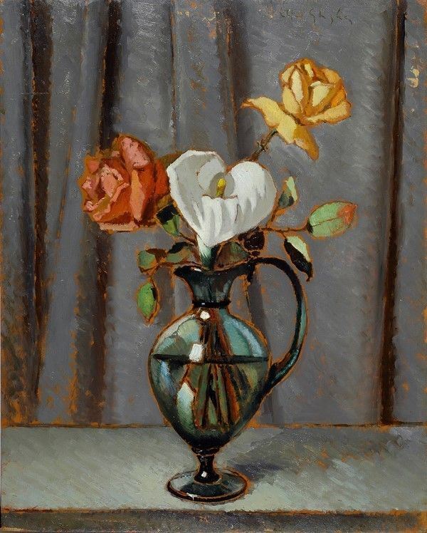 Valentino Ghiglia : Calle e rose nel vaso  - Olio su tavola - Asta Autori dell'800-900, Moderni e Contemporanei, Grafica ed Edizioni - I - Galleria Pananti Casa d'Aste