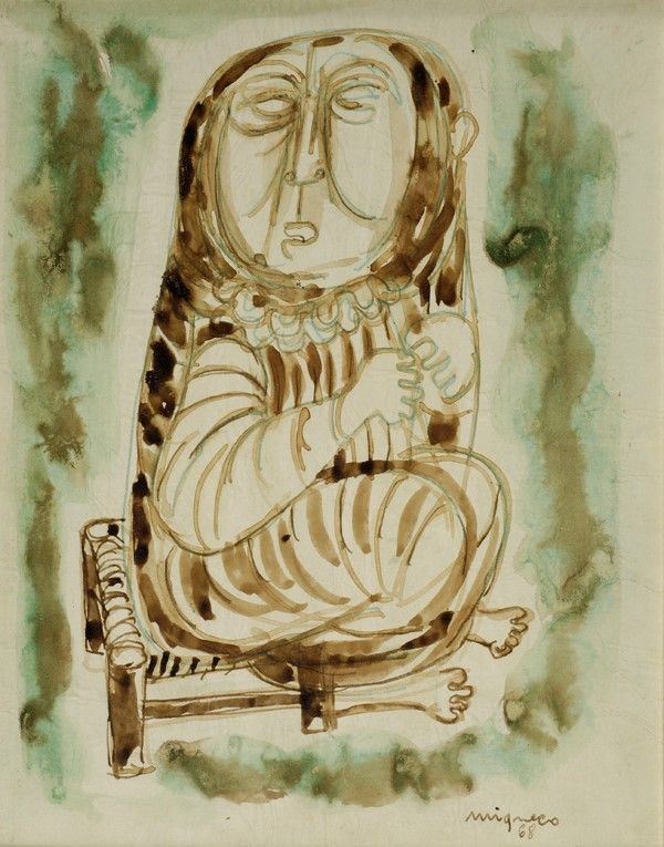 Giuseppe Migneco : Figura  (1968)  - Tecnica mista su carta riportata su tela - Asta Autori dell'800-900, Arte Moderna e Contemporanea, Grafica ed Edizioni - Galleria Pananti Casa d'Aste