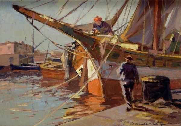 Carlo Domenici : Al porto  - Olio su faesite - Auction Autori dell'800-900, Arte Moderna e Contemporanea, Grafica ed Edizioni - Galleria Pananti Casa d'Aste
