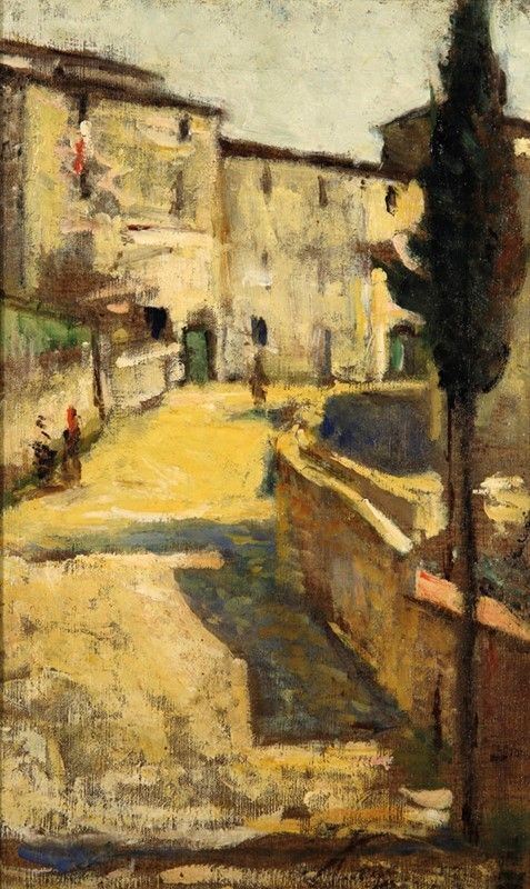 Silvestro Lega : Strada di paese  ((1890 circa ))  - Olio su tela - Asta Opere scelte dell'ottocento italiano da collezioni private - I - Galleria Pananti Casa d'Aste