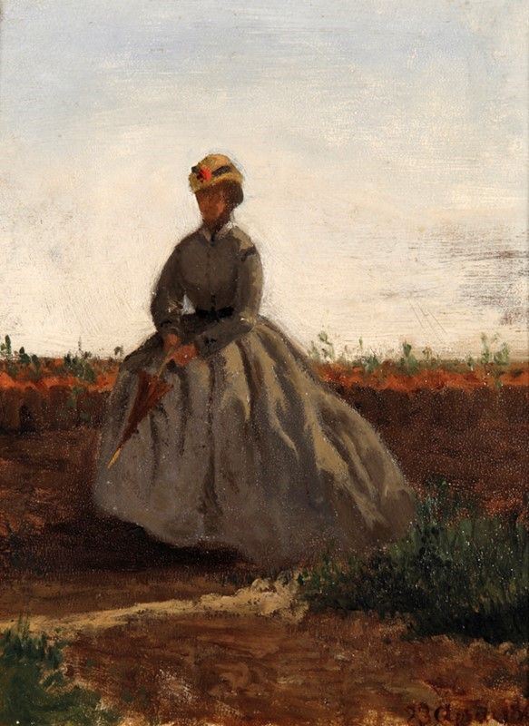 Vincenzo Cabianca : Signora con ombrellino  (1867)  - Olio su cartone - Auction Opere scelte dell'ottocento italiano da collezioni private - I - Galleria Pananti Casa d'Aste
