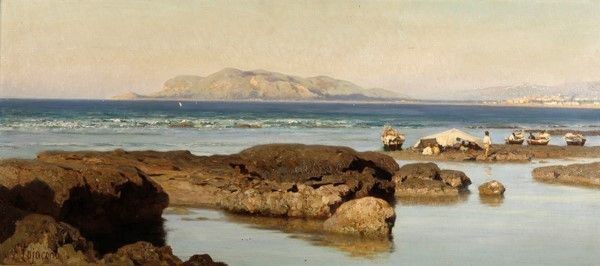 Francesco Lojacono : Palermo, veduta costiera con Monte Pellegrino  ((1890 circa))  - Olio su tela - Asta Opere scelte dell'ottocento italiano da collezioni private - I - Galleria Pananti Casa d'Aste