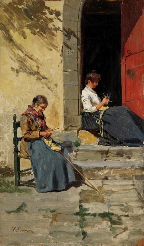 Vittorio Corcos : Le merlettaie  ((1880-1885))  - Olio su cartone - Asta Autori del XIX e XX sec. - I - Galleria Pananti Casa d'Aste