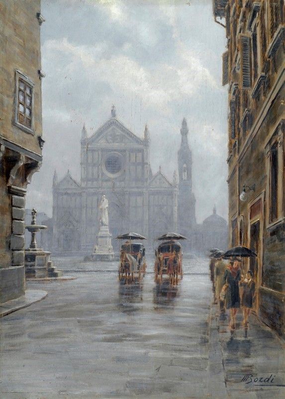 Mario Bordi : Inverno a Firenze (Piazza Santa Croce da via dell'Anguillara)  - Olio su tavola - Auction Autori del XIX e XX sec., arte moderna e contemporanea - I - Galleria Pananti Casa d'Aste