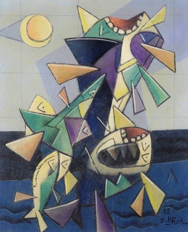 Ibrahim Kodra : Paura del mare  (1975)  - Olio su tela - Auction ASTA A TEMPO - Autori dell'800-900, Moderni e Contemporanei, Grafica ed Edizioni - I - Galleria Pananti Casa d'Aste