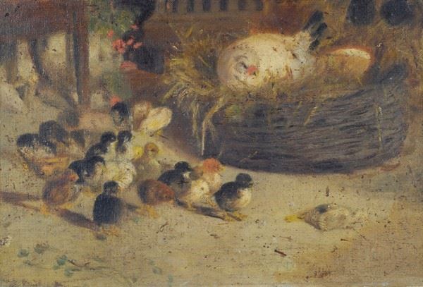Anonimo, XIX sec. : Mother hen with chicks  - Oil on cardboard - Auction AUTHORS OF XIX AND XX CENTURY - Galleria Pananti Casa d'Aste