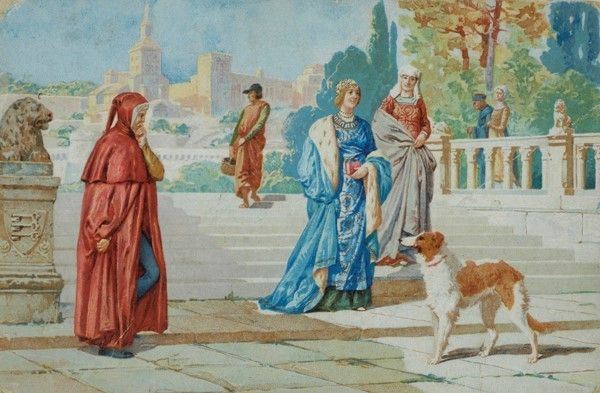 Anonimo, XX sec. : L'incontro tra Dante e Beatrice  - Acquerello su carta - Auction Opere scelte dell'ottocento italiano da collezioni private - I - Galleria Pananti Casa d'Aste