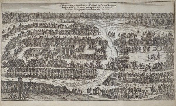 Abbildung wie bey empfang der Kayserl: braut die Kayserl: Hoffstatt vnd Cavallira im feld