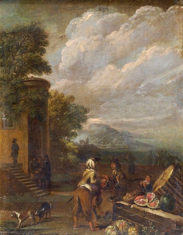 Scuola Romana, fine XVII sec. - Paesaggio con figure