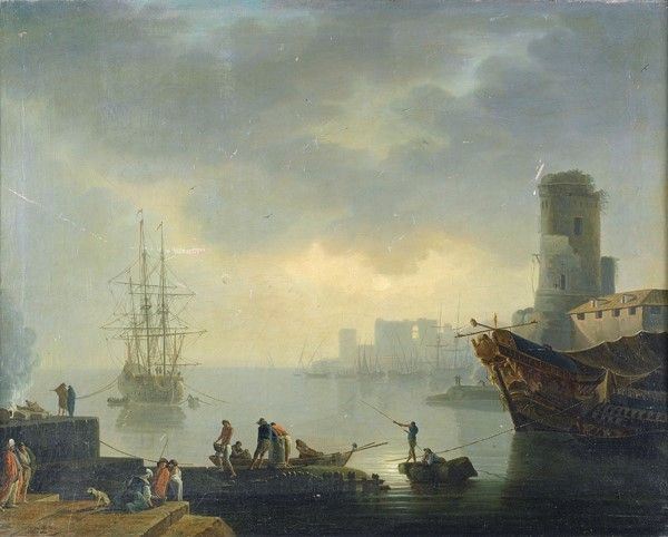 Scuola Francese, XVII - XVIII sec. : Veduta di porto  - Olio su tela - Auction Opere scelte dell'ottocento italiano da collezioni private - I - Galleria Pananti Casa d'Aste