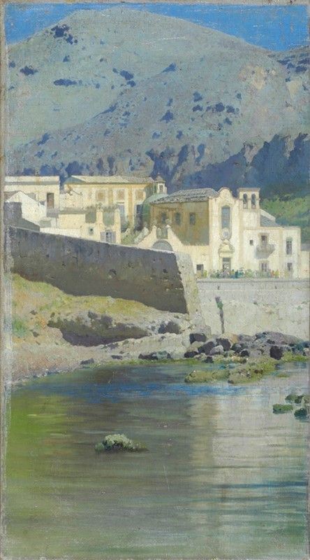 Francesco Lojacono : Monastero sul mare  ((1885-1890))  - Olio su tela - Asta Opere scelte dell'ottocento italiano da collezioni private - I - Galleria Pananti Casa d'Aste
