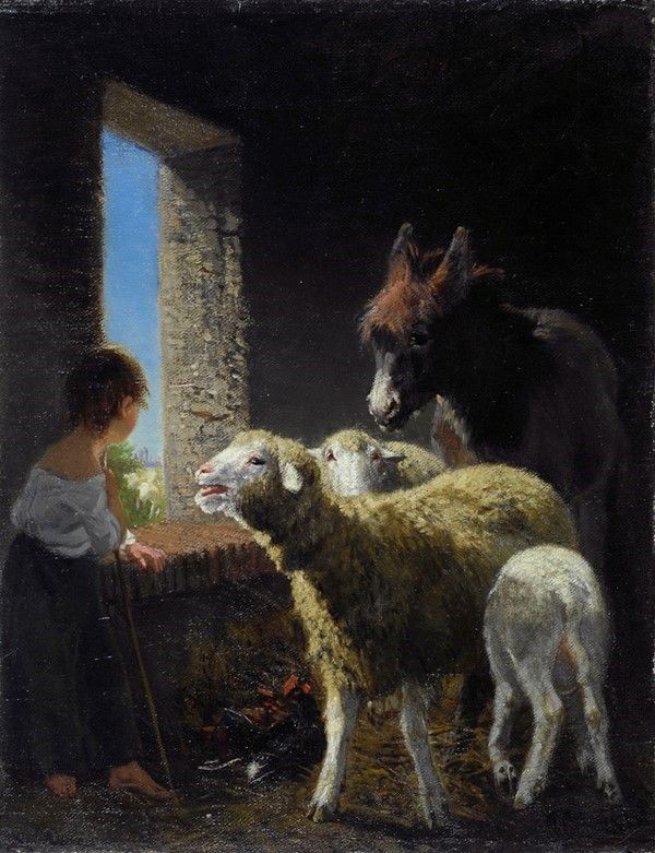 Giuseppe Palizzi : Pastorella nell'ovile  ((1860 circa))  - Olio su tela - Asta Opere scelte dell'ottocento italiano da collezioni private - I - Galleria Pananti Casa d'Aste