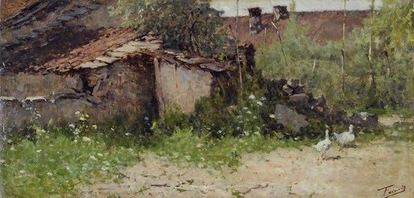 Achille Formis Befani : Cascina di campagna  ((1890 circa))  - Olio su tavola - Asta Opere scelte dell'ottocento italiano da collezioni private - I - Galleria Pananti Casa d'Aste