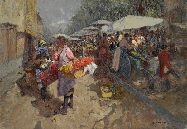 Alessandro Lupo : Mercato dei fiori  ((1910-1920))  - Olio su tela - Asta Opere scelte dell'ottocento italiano da collezioni private - I - Galleria Pananti Casa d'Aste