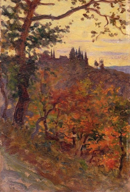 Francesco Gioli : Colline toscane d'autunno  ((1900-1905))  - Olio su cartone - Auction Opere scelte dell'ottocento italiano da collezioni private - I - Galleria Pananti Casa d'Aste