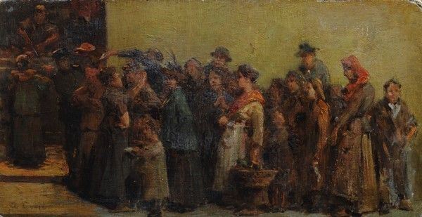 Alberto Ziveri : La coda alla macelleria  (1925)  - Olio su tela riportata su cartone - Auction Autori dell'800-900, Moderni e Contemporanei, Grafica ed Edizioni - I - Galleria Pananti Casa d'Aste