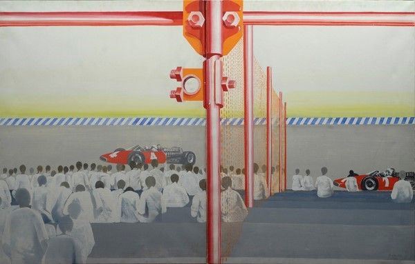 Dino Boschi : L'uomo e l'automobile  (1968)  - Olio su tela (dittico) - Asta Autori dell'800-900, Moderni e Contemporanei, Grafica ed Edizioni - I - Galleria Pananti Casa d'Aste