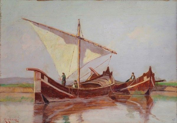 Renuccio Renucci : Pescatori  - Olio su compensato - Auction Autori dell'800-900, Moderni e Contemporanei, Grafica ed Edizioni - I - Galleria Pananti Casa d'Aste
