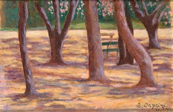 Eugenio Caprini : Alberi  (1909)  - Olio su cartone - Auction Autori dell'800-900, Moderni e Contemporanei, Grafica ed Edizioni - I - Galleria Pananti Casa d'Aste