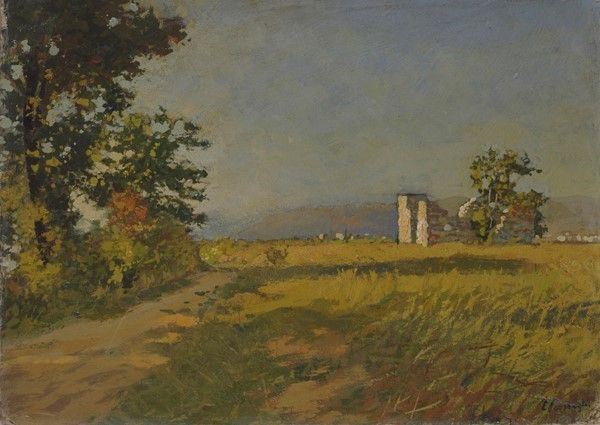 Carlo Passigli : Paesaggio di campagna  - Olio su cartone - Asta Autori dell'800-900, Moderni e Contemporanei, Grafica ed Edizioni - I - Galleria Pananti Casa d'Aste
