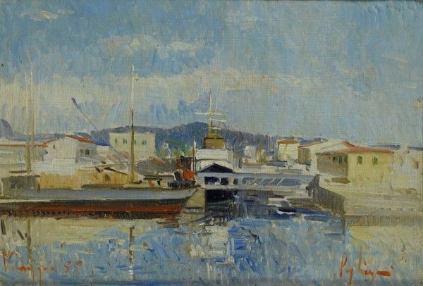 Francesco Pagliazzi : Darsena a Viareggio  (1955)  - Olio su faesite - Auction Autori dell'800-900, Moderni e Contemporanei, Grafica ed Edizioni - I - Galleria Pananti Casa d'Aste