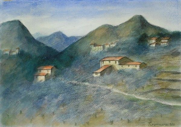 Nino Tirinnanzi : Paesaggio con case  (1986)  - Tecnica mista su carta - Asta Autori dell'800-900, Moderni e Contemporanei, Grafica ed Edizioni - I - Galleria Pananti Casa d'Aste