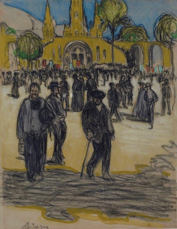 Albert Gleizes : Folla nella piazza di Lourdes  (1908)  - Tecnica mista su carta - Asta Arte Moderna e Contemporanea, Grafica ed Edizioni - Galleria Pananti Casa d'Aste