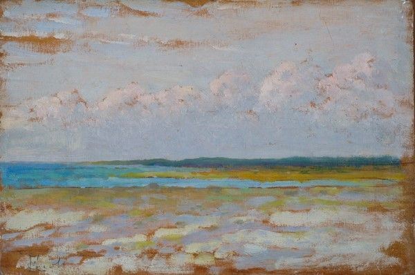 Francesco Gioli : Marina di Pisa  ((1918))  - Olio su tavola - Asta Autori dell'800-900, Moderni e Contemporanei, Grafica ed Edizioni - I - Galleria Pananti Casa d'Aste