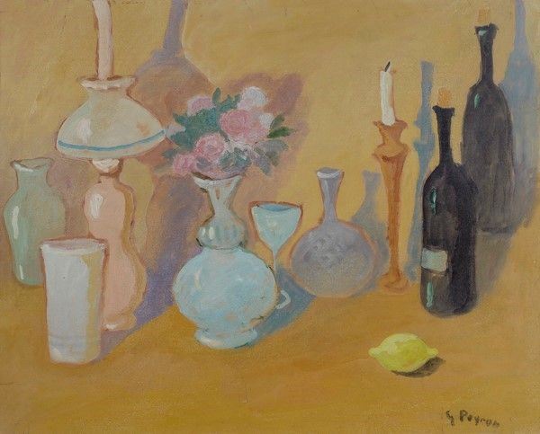 Guido Peyron - Natura morta con bottiglie e vasi