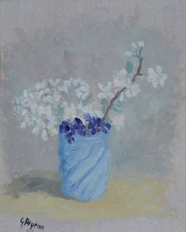 Guido Peyron : Fiori nel vasetto azzurro  (1943)  - Olio su cartone telato - Asta Autori dell'800-900, Moderni e Contemporanei, Grafica ed Edizioni - I - Galleria Pananti Casa d'Aste