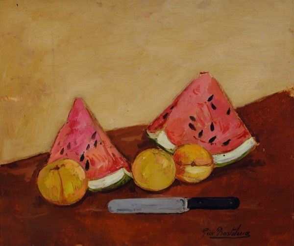Giovanni Bartolena : Natura morta con cocomeri  - Olio su tavola - Asta Autori del XIX e XX sec. - I - Galleria Pananti Casa d'Aste