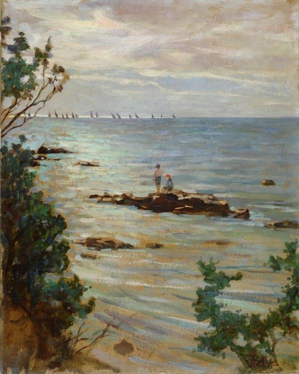 Francesco Gioli : Marina e figure  - Olio su cartone - Asta Autori dell'800-900, Moderni e Contemporanei, Grafica ed Edizioni - I - Galleria Pananti Casa d'Aste