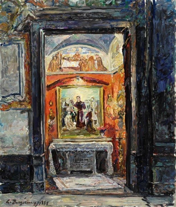 Guido Borgianni : Interno di cappella  (1955)  - Olio su tela - Auction ASTA A TEMPO - Autori dell'800-900, Moderni e Contemporanei, Grafica ed Edizioni - I - Galleria Pananti Casa d'Aste