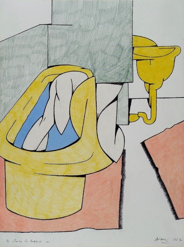 Valerio Adami : La stanza da bagno  (1967)  - Pastelli su cartoncino - Auction Autori dell'800-900, Moderni e Contemporanei, Grafica ed Edizioni - I - Galleria Pananti Casa d'Aste