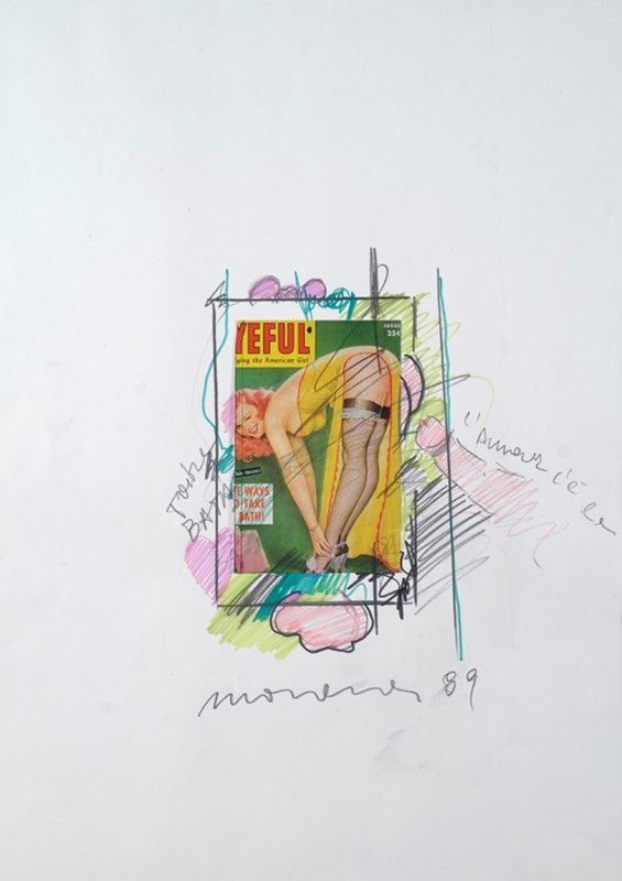 Enrico Manera : L'amour c'è la  (1989)  - Tecnica mista e collage su carta - Asta ASTA A TEMPO - Autori dell'800-900, Moderni e Contemporanei, Grafica ed Edizioni - I - Galleria Pananti Casa d'Aste