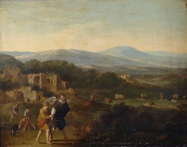 Scuola Fiamminga, XVII sec. - Paesaggio con Tobiolo e l'Angelo