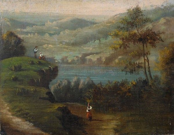 Scuola Italia Centrale, XIX sec. - Paesaggio con figura