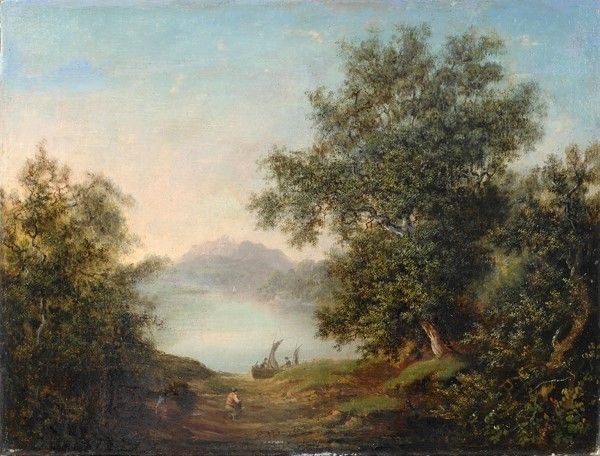 Attr. a Peter Nasmyth - Paesaggio con lago e figure