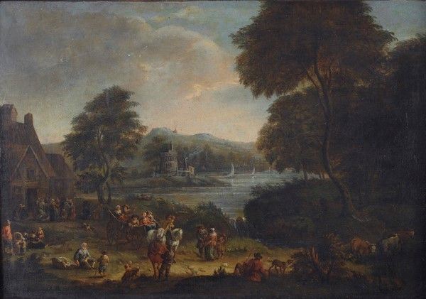 Scuola Fiamminga, XVIII sec. : Paesaggio e figure  - Olio su tela - Asta Antiquariato - mobili, dipinti e oggetti di arredo - Galleria Pananti Casa d'Aste