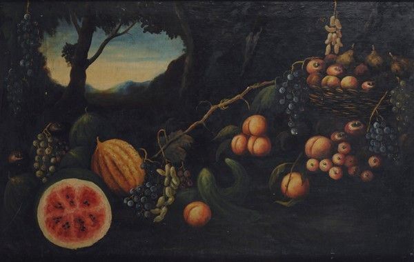Anonimo, XIX sec. : Natura morta con frutta  - Olio su tela - Asta Antiquariato - mobili, dipinti e oggetti di arredo - Galleria Pananti Casa d'Aste