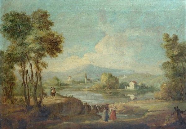 Renato Zini - Paesaggio con lago e figure
