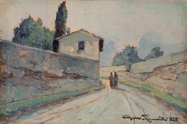 Gino Romiti : Strada di campagna con figure  (1936)  - Olio su tavola - Auction Autori dell'800-900, Moderni e Contemporanei, Grafica ed Edizioni - Galleria Pananti Casa d'Aste