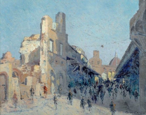 Mario Borgiotti : Ponte Vecchio  (1944)  - Olio su cartone - Auction Autori dell'800-900, Moderni e Contemporanei, Grafica ed Edizioni - Galleria Pananti Casa d'Aste