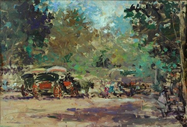 Sergio Bissi Cirno : Giardino con carrozze  - Olio su cartoncino - Auction Autori dell'800-900, Moderni e Contemporanei, Grafica ed Edizioni - Galleria Pananti Casa d'Aste